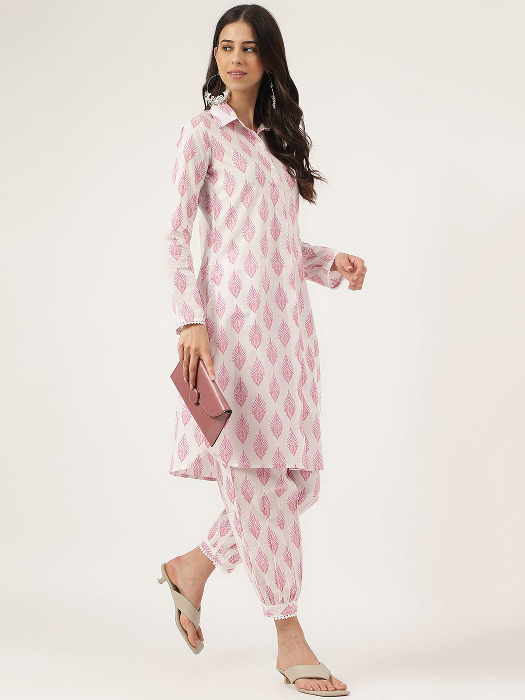 Jamal Jamaloo White Cotton Straight Kurta Hem Cuffed Pant set - Jamal Jamaloo