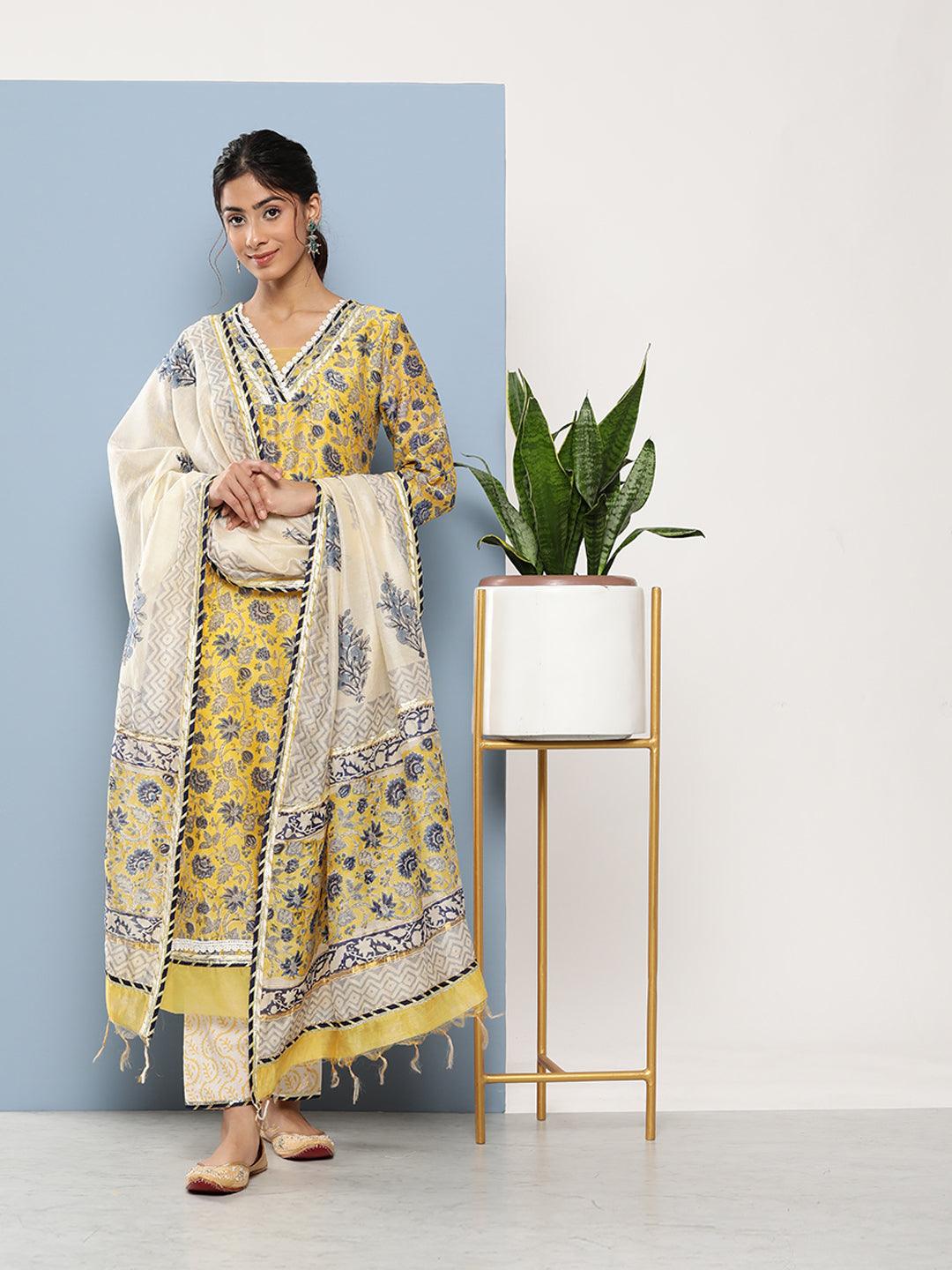 Jamal Jamaloo Yellow Pure Chanderi Kurta Pant Set with Dupatta - Jamal Jamaloo