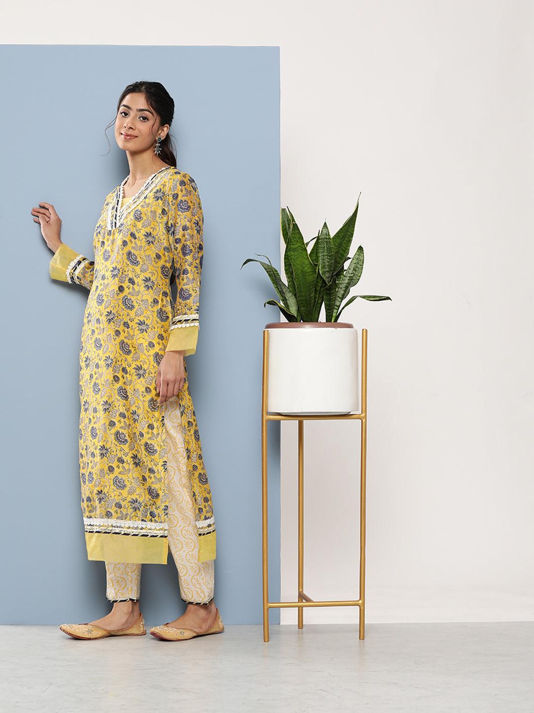 Jamal Jamaloo Yellow Pure Chanderi Kurta Pant Set with Dupatta - Jamal Jamaloo