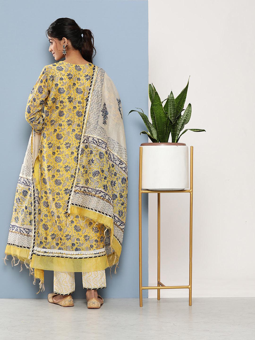 Jamal Jamaloo Yellow Pure Chanderi Kurta Pant Set with Dupatta - Jamal Jamaloo