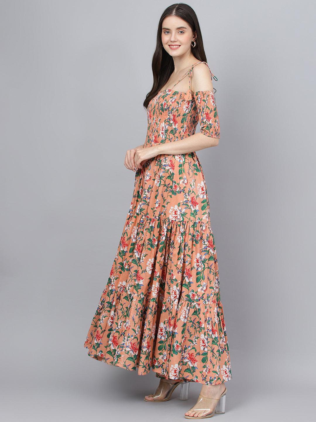 Jamal Jamaloo Peach Floral Printed Shoulder Strips Flared Long Dress - Jamal Jamaloo