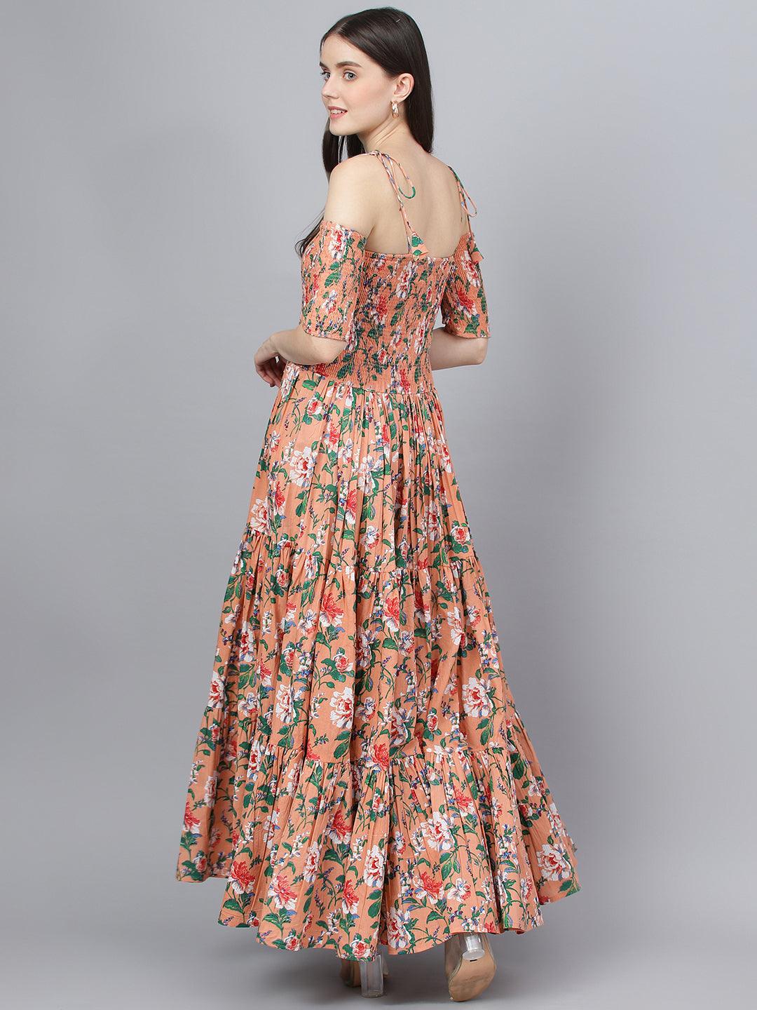 Jamal Jamaloo Peach Floral Printed Shoulder Strips Flared Long Dress - Jamal Jamaloo