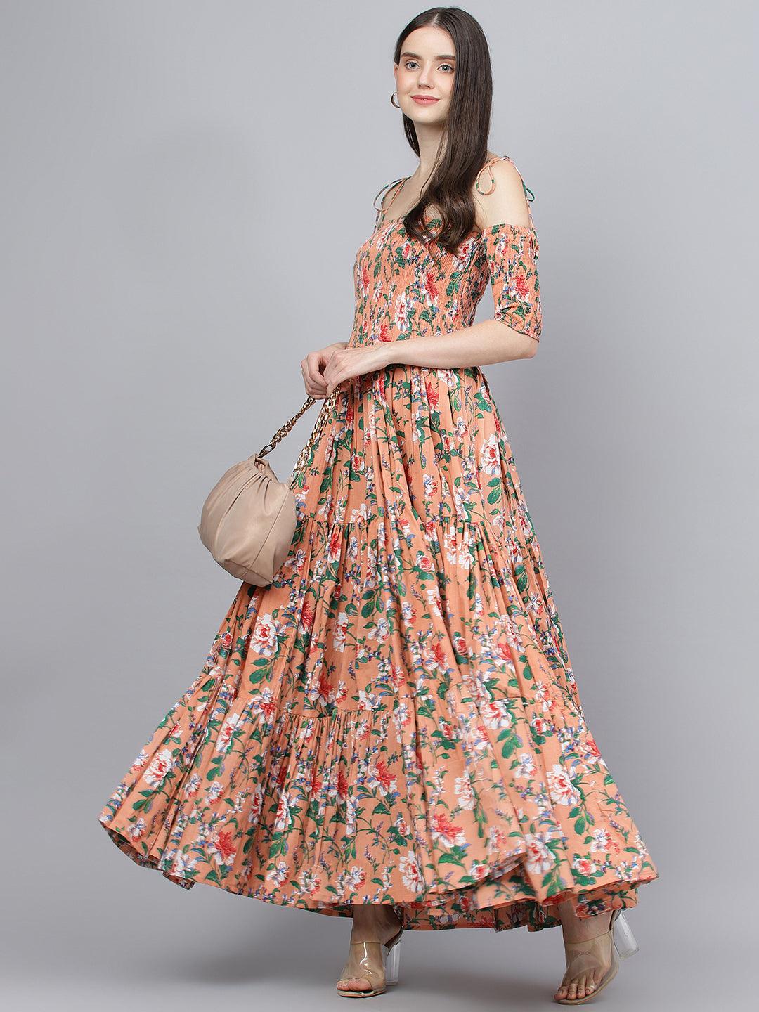 Jamal Jamaloo Peach Floral Printed Shoulder Strips Flared Long Dress - Jamal Jamaloo