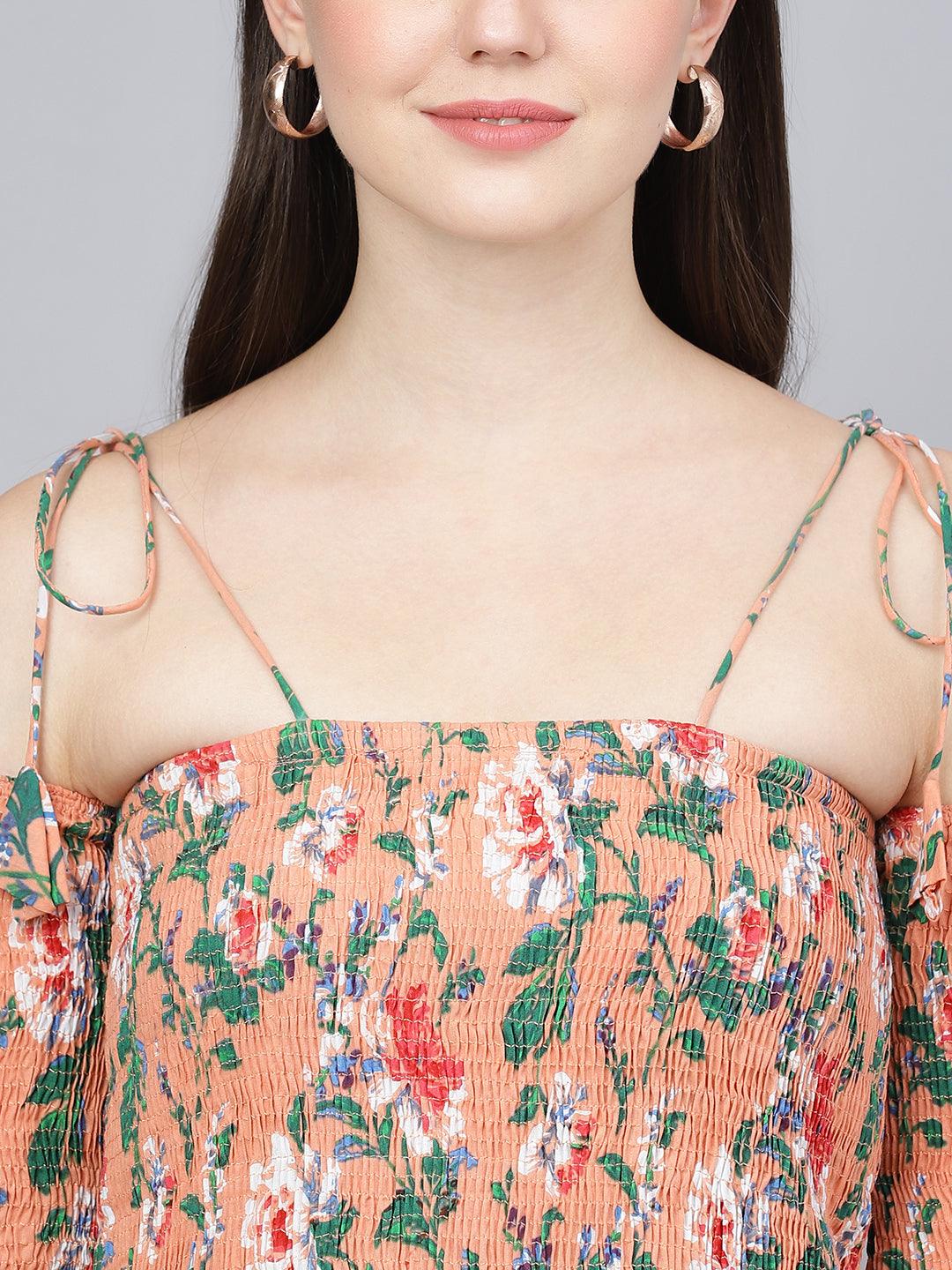 Jamal Jamaloo Peach Floral Printed Shoulder Strips Flared Long Dress - Jamal Jamaloo