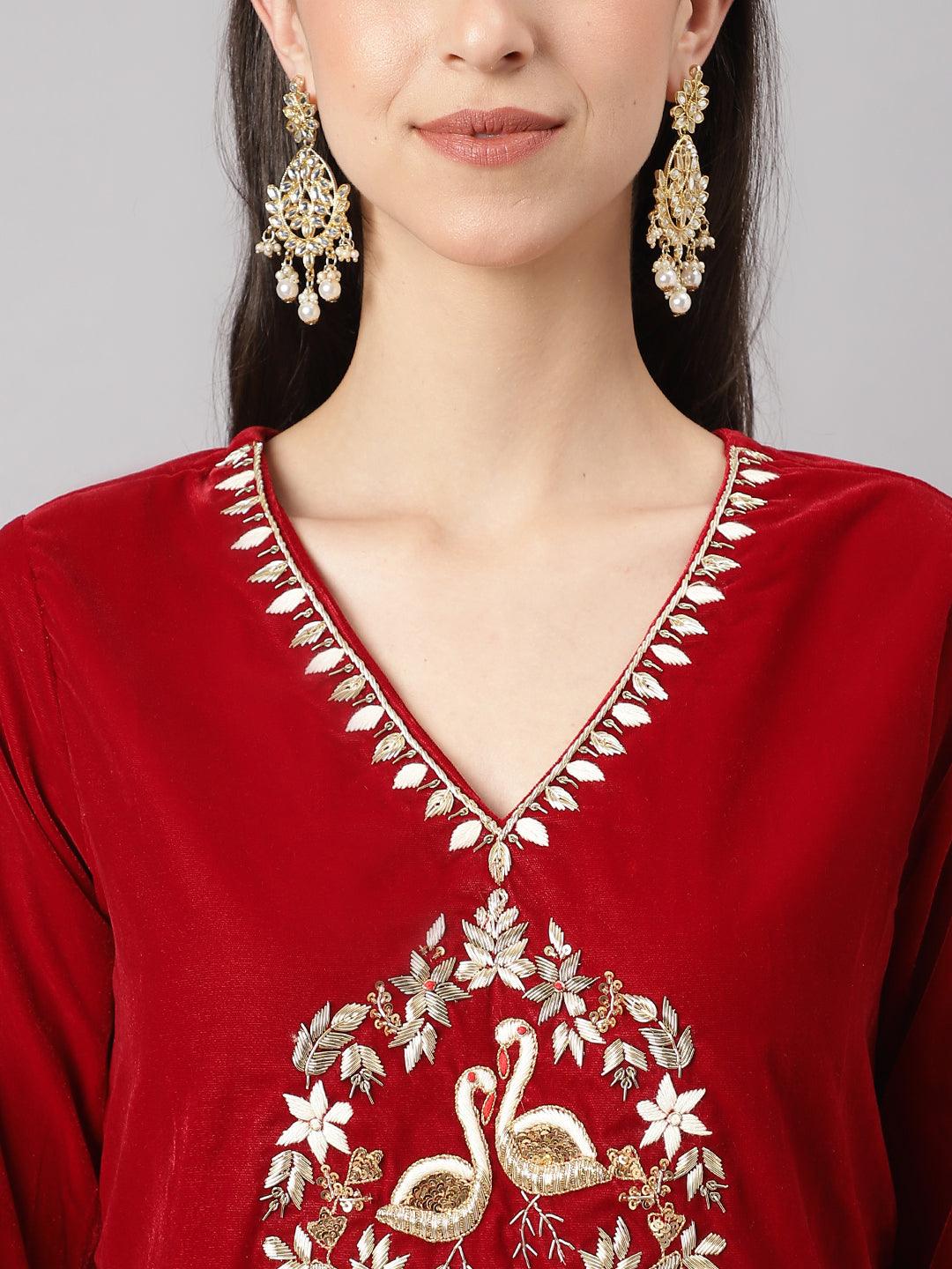 Jamal Jamaloo Maroon Solid Valvet hand work Kurta pant With Organza Dupatta set - Jamal Jamaloo