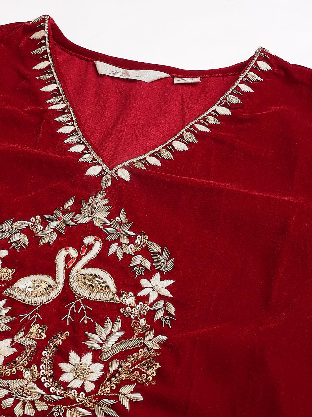 Jamal Jamaloo Maroon Solid Valvet hand work Kurta pant With Organza Dupatta set - Jamal Jamaloo
