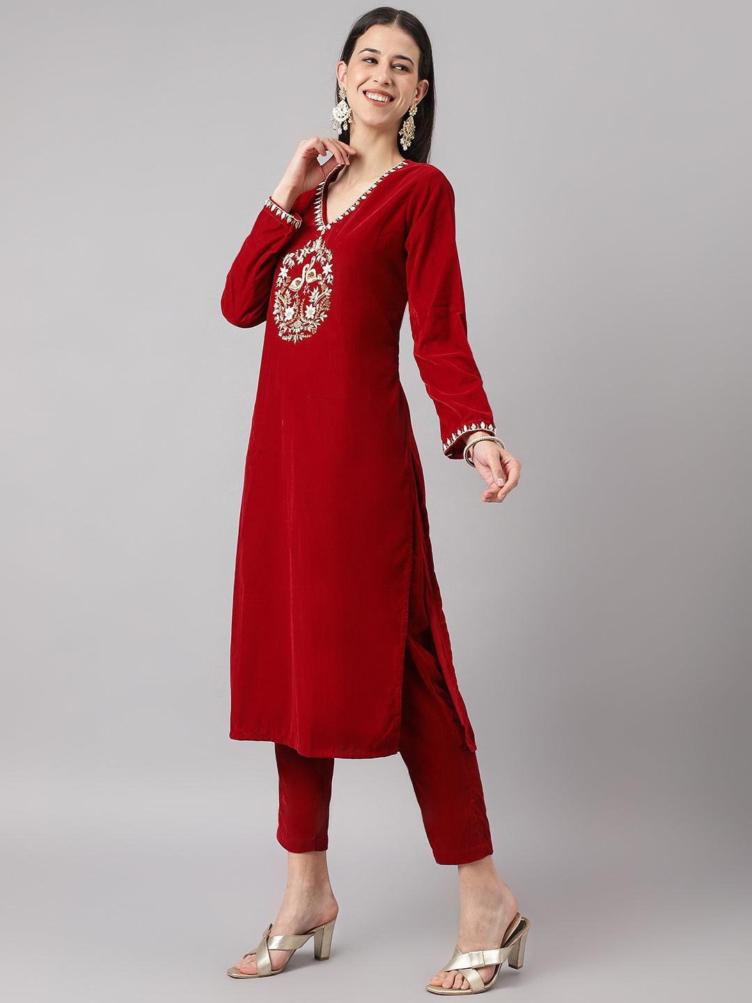 Jamal Jamaloo Maroon Solid Valvet hand work Kurta pant With Organza Dupatta set - Jamal Jamaloo