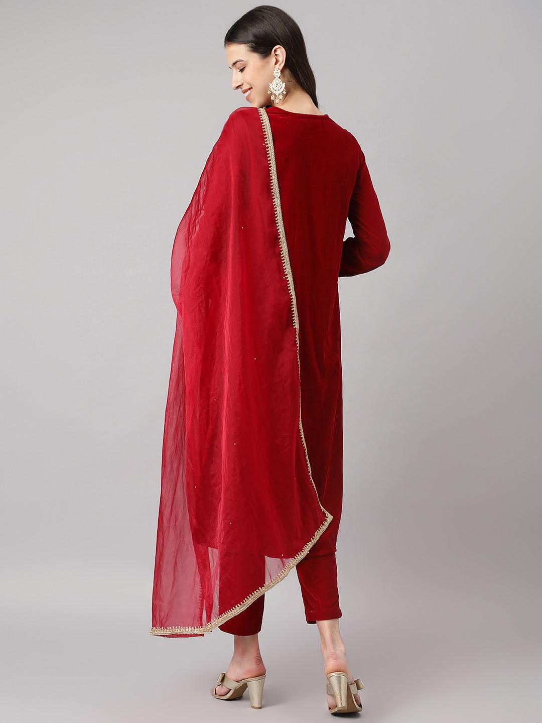 Jamal Jamaloo Maroon Solid Valvet hand work Kurta pant With Organza Dupatta set - Jamal Jamaloo