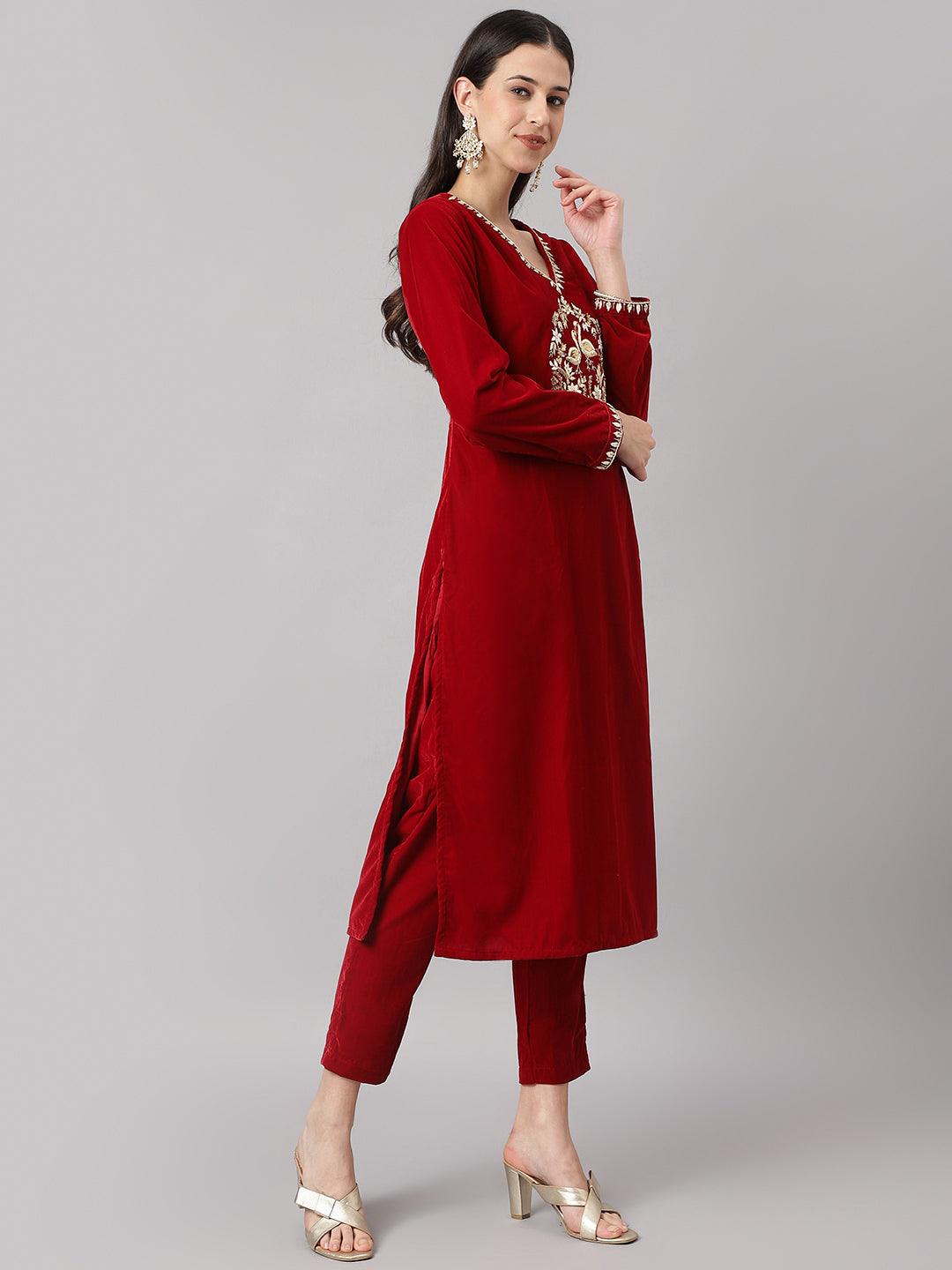 Jamal Jamaloo Maroon Solid Valvet hand work Kurta pant With Organza Dupatta set - Jamal Jamaloo