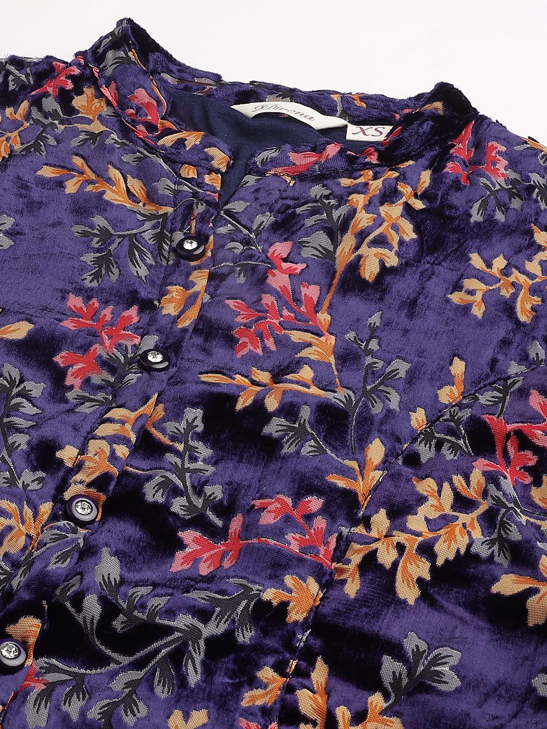 Jamal Jamaloo Blue Floral Burn out Valvet A-line Shirts Style Top - Jamal Jamaloo