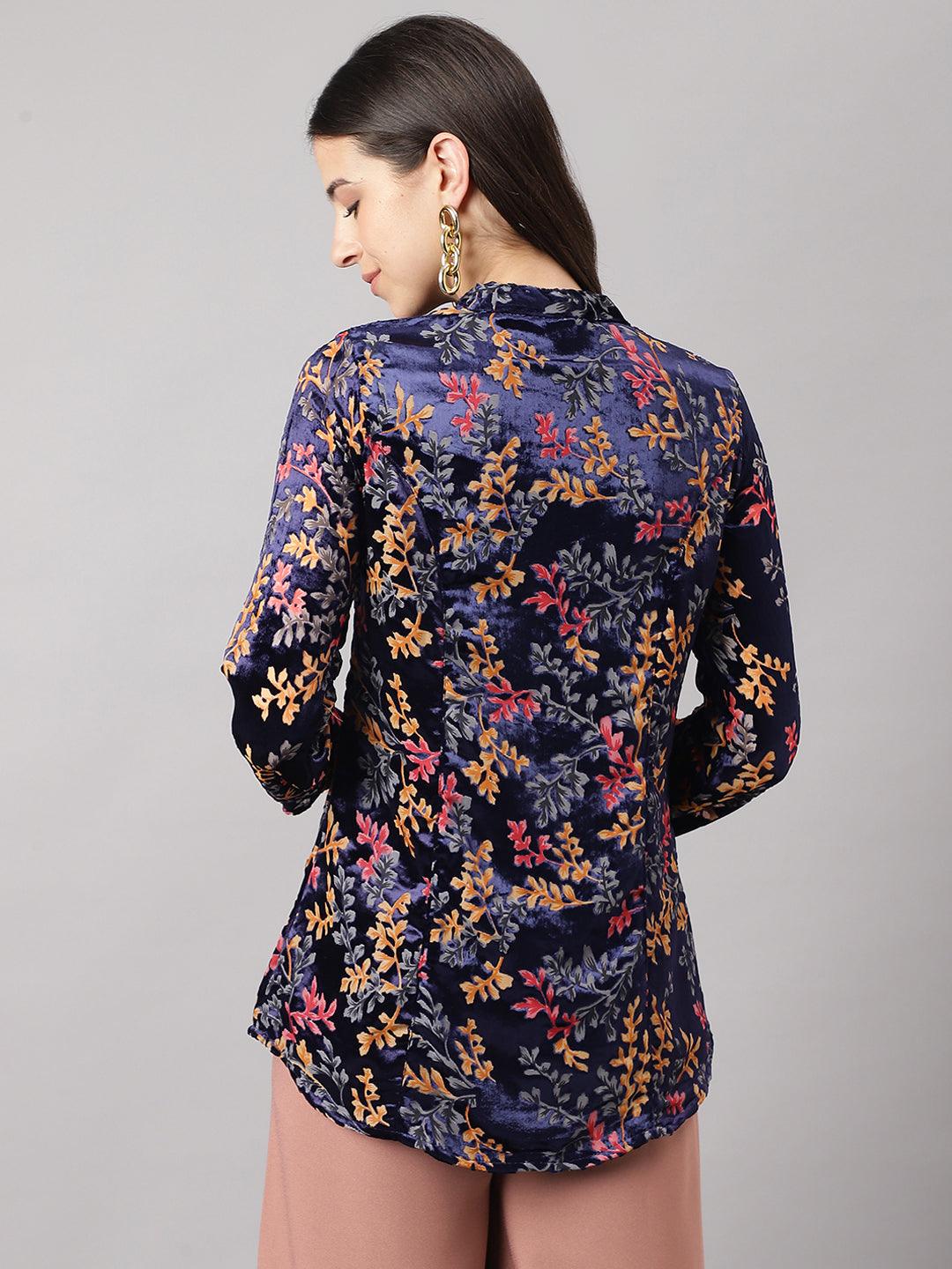 Jamal Jamaloo Blue Floral Burn out Valvet A-line Shirts Style Top - Jamal Jamaloo