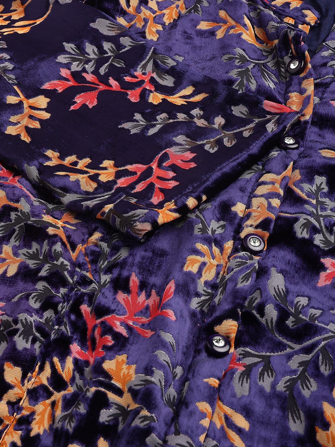 Jamal Jamaloo Blue Floral Burn out Valvet A-line Shirts Style Top - Jamal Jamaloo