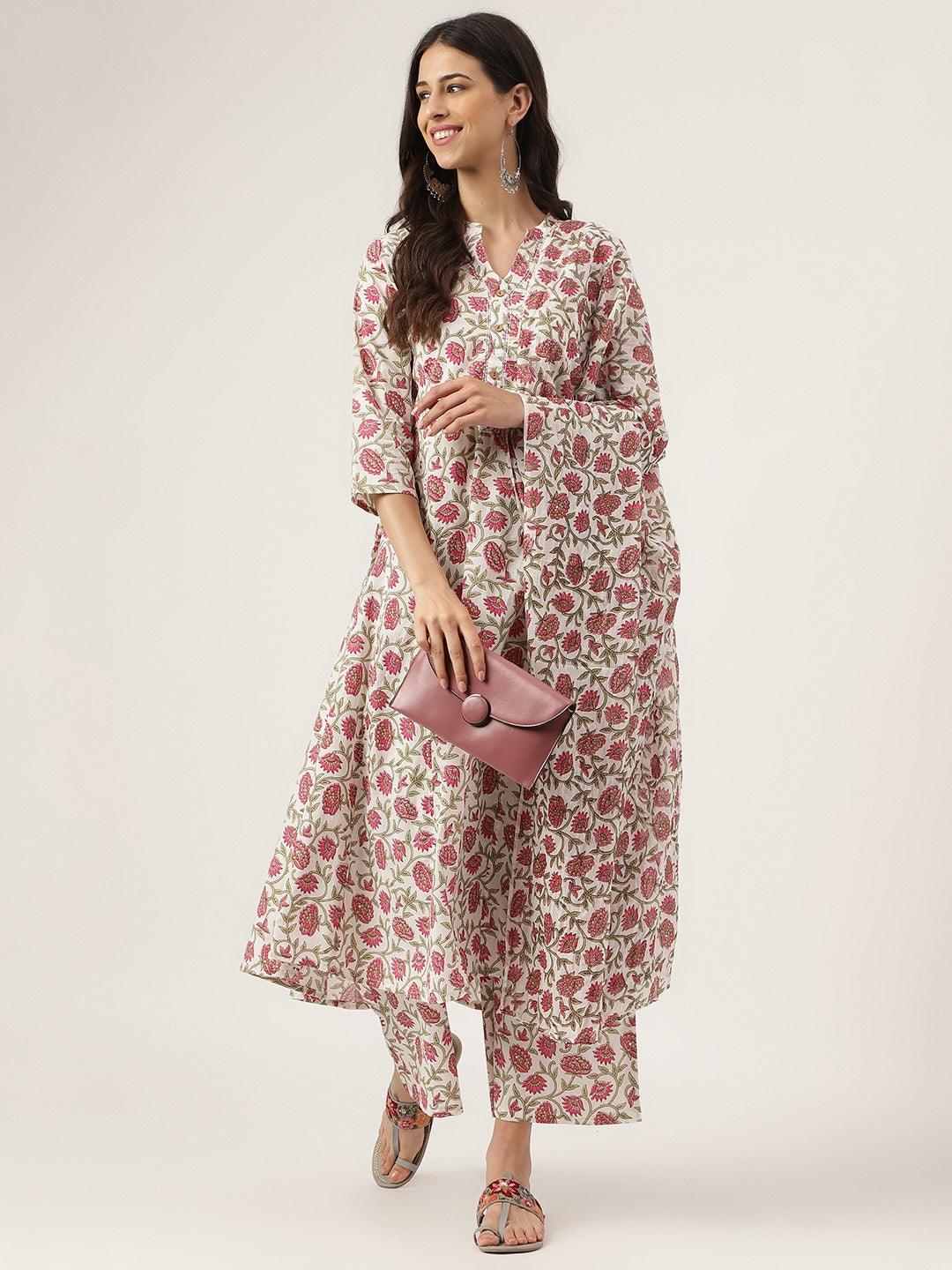 Jamal Jamaloo White Floral Printed Anarkali Kurta Palazoo Sets - Jamal Jamaloo