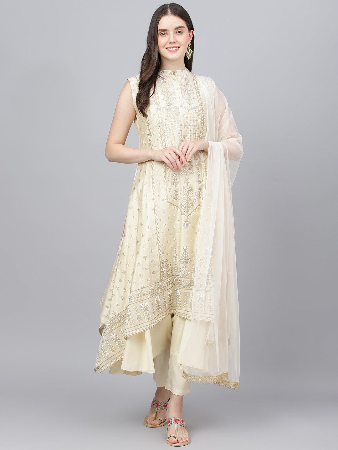 Jamal Jamaloo Cream Chanderi kurta Pant Set with Net Dupatta - Jamal Jamaloo