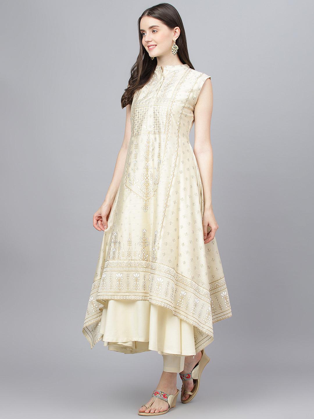 Jamal Jamaloo Cream Chanderi kurta Pant Set with Net Dupatta - Jamal Jamaloo