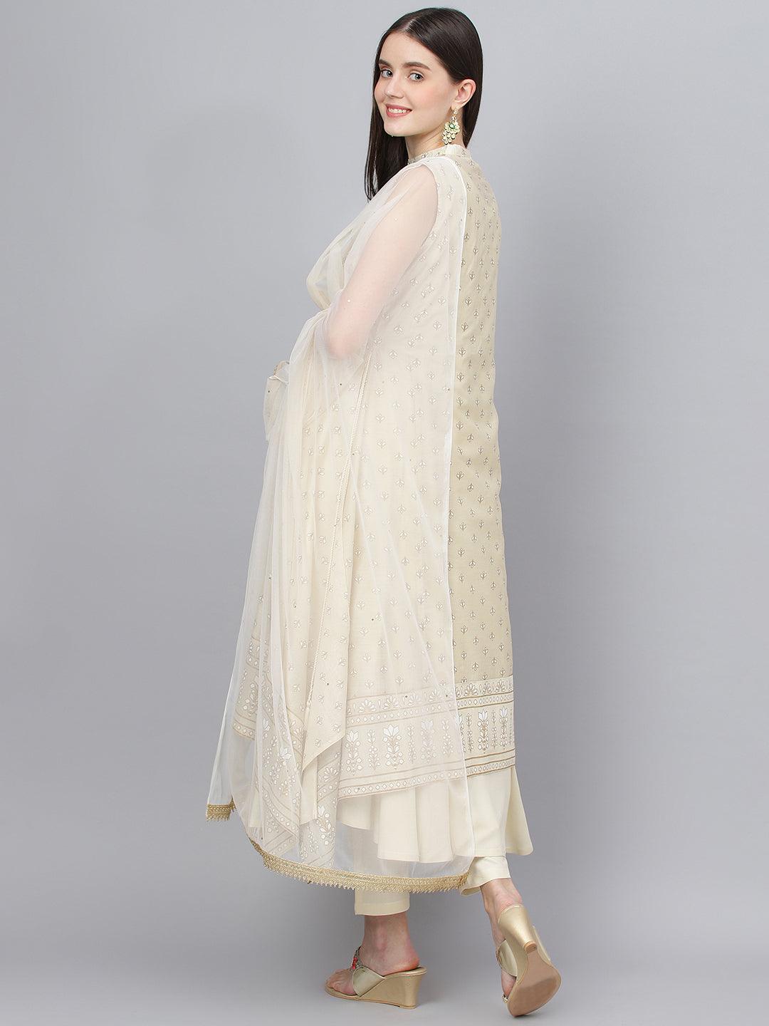 Jamal Jamaloo Cream Chanderi kurta Pant Set with Net Dupatta - Jamal Jamaloo