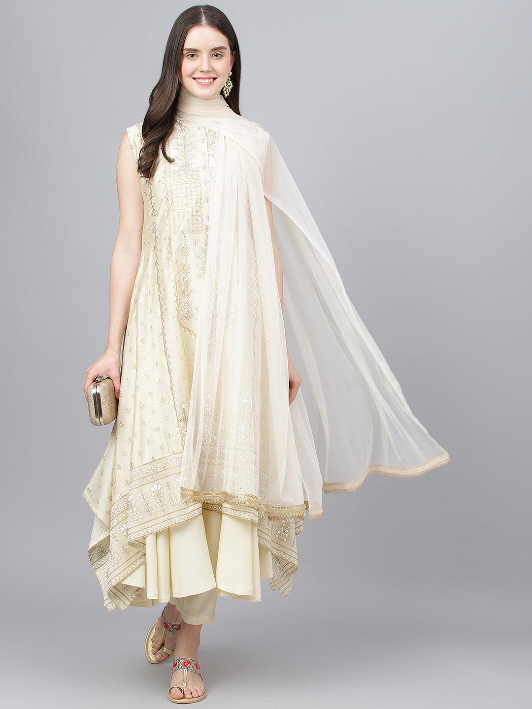 Jamal Jamaloo Cream Chanderi kurta Pant Set with Net Dupatta - Jamal Jamaloo