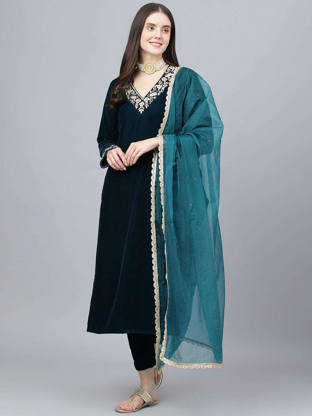 Jamal Jamaloo Teal Green Velvet hand work Kurta pant With Organza Dupatta set - Jamal Jamaloo