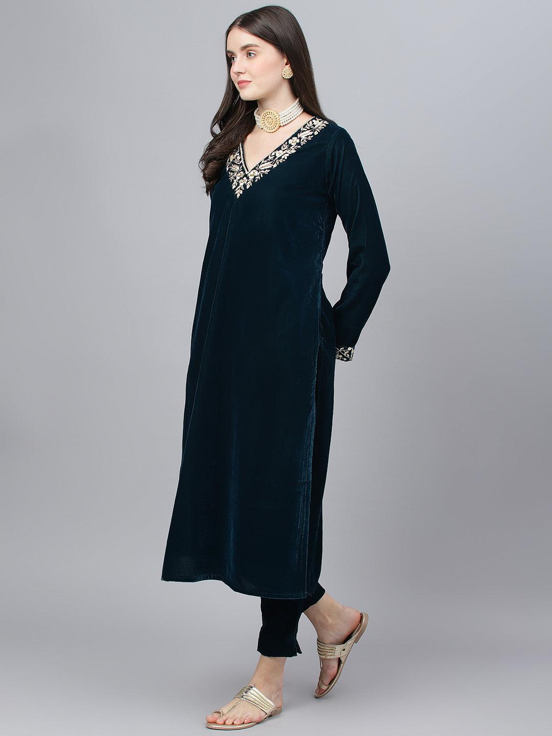 Jamal Jamaloo Teal Green Velvet hand work Kurta pant With Organza Dupatta set - Jamal Jamaloo