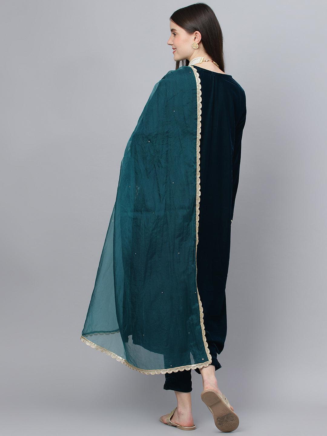 Jamal Jamaloo Teal Green Velvet hand work Kurta pant With Organza Dupatta set - Jamal Jamaloo