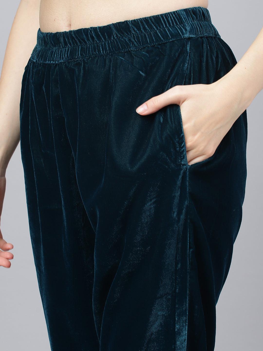 Jamal Jamaloo Teal Green Velvet hand work Kurta pant With Organza Dupatta set - Jamal Jamaloo