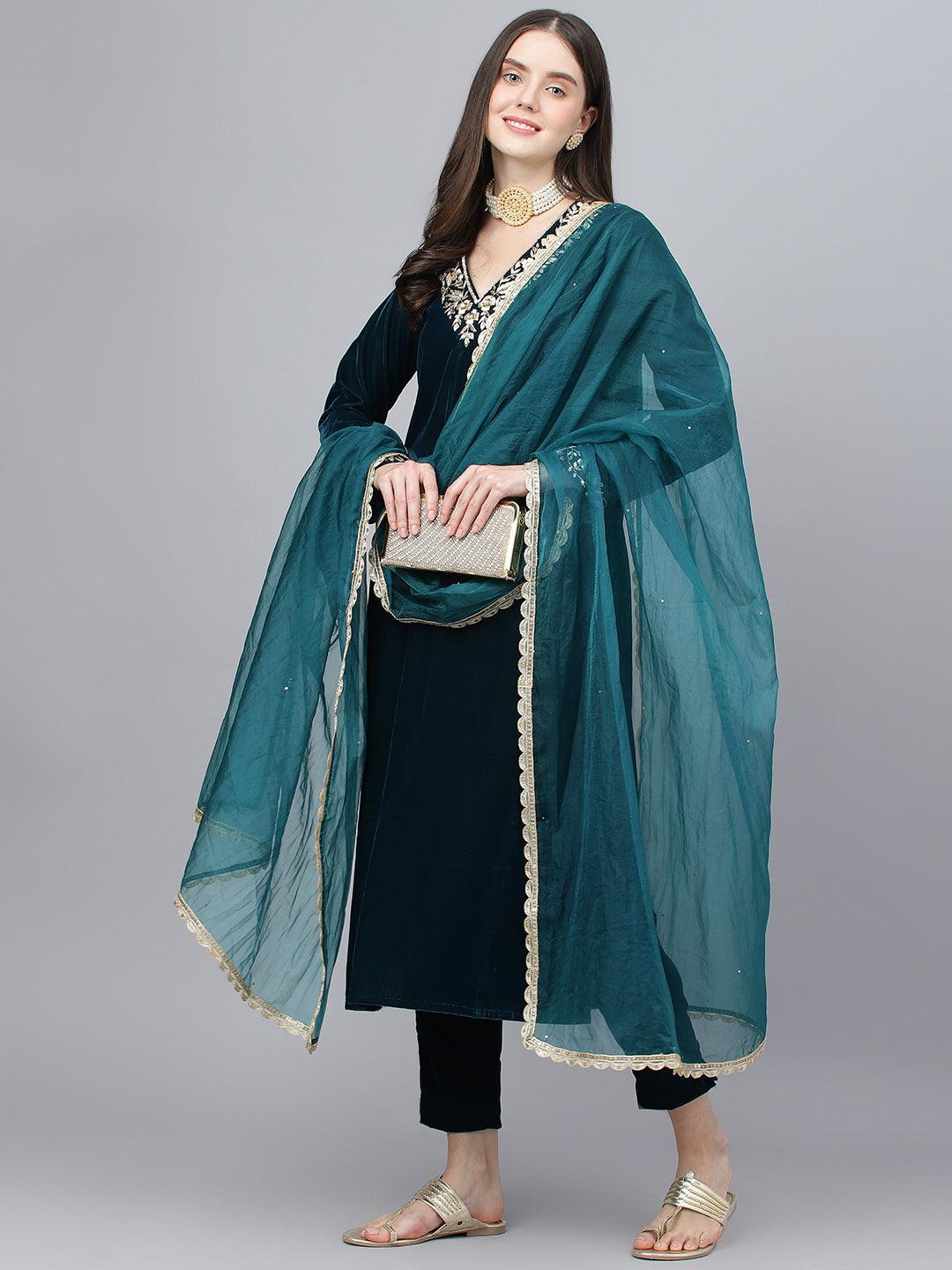 Jamal Jamaloo Teal Green Velvet hand work Kurta pant With Organza Dupatta set - Jamal Jamaloo