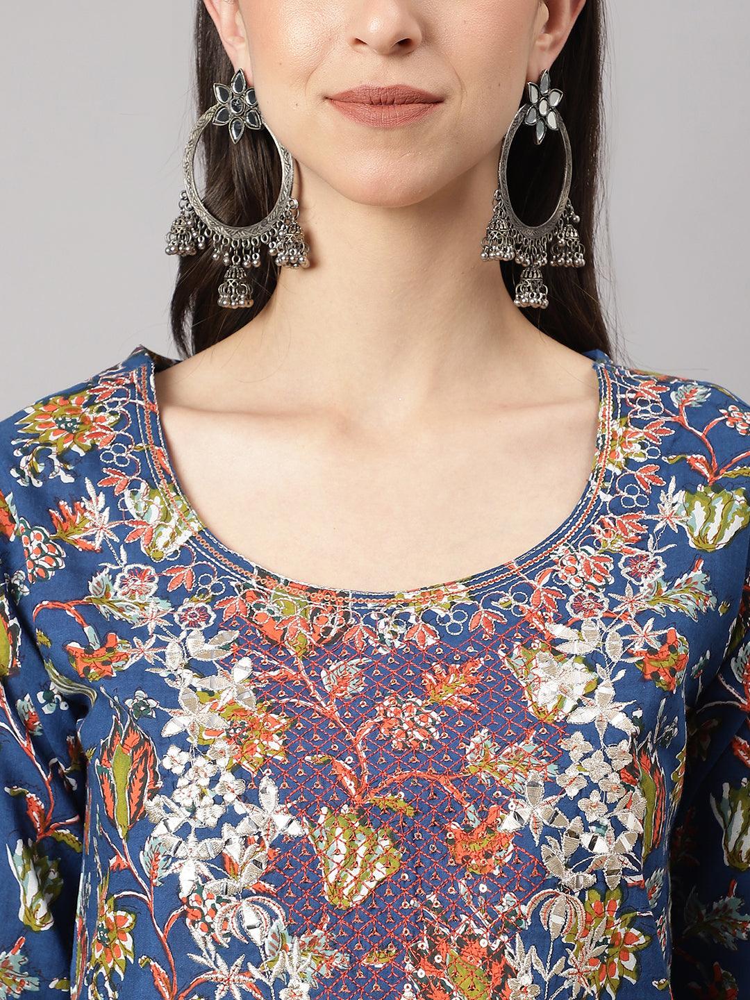 Jamal Jamaloo Blue Floral Printed Kurta Pant Set with dupatta - Jamal Jamaloo
