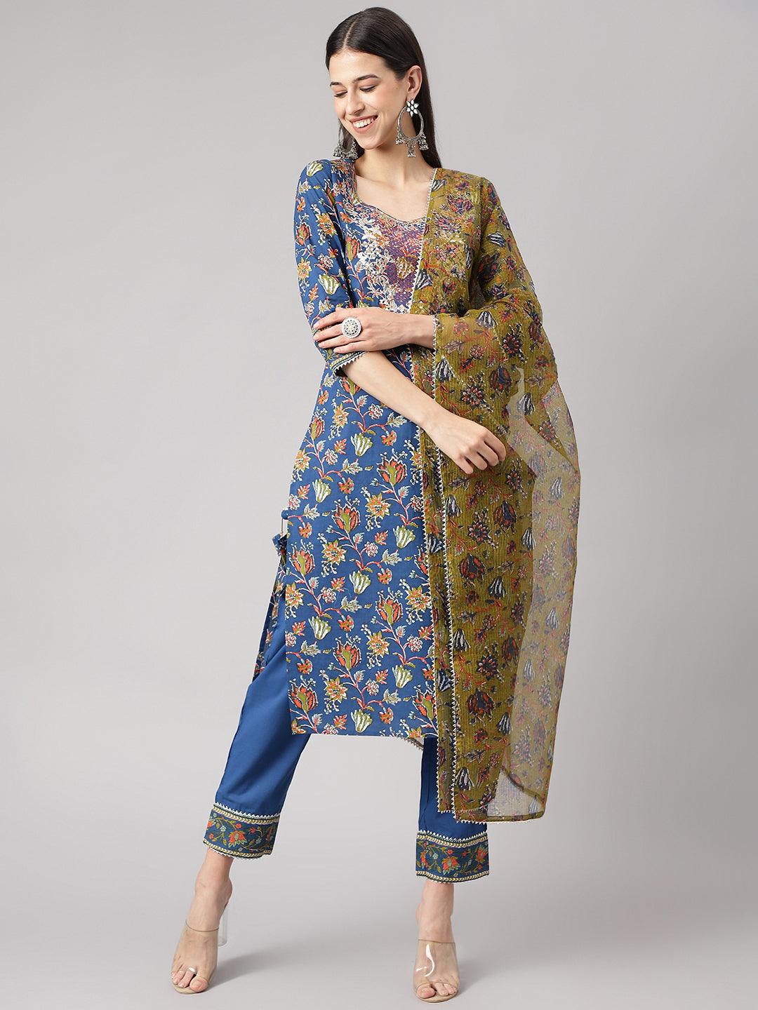Jamal Jamaloo Blue Floral Printed Kurta Pant Set with dupatta - Jamal Jamaloo