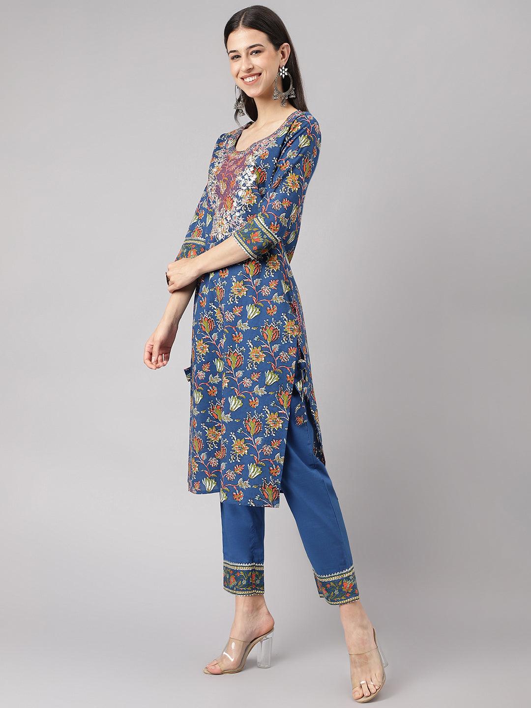 Jamal Jamaloo Blue Floral Printed Kurta Pant Set with dupatta - Jamal Jamaloo