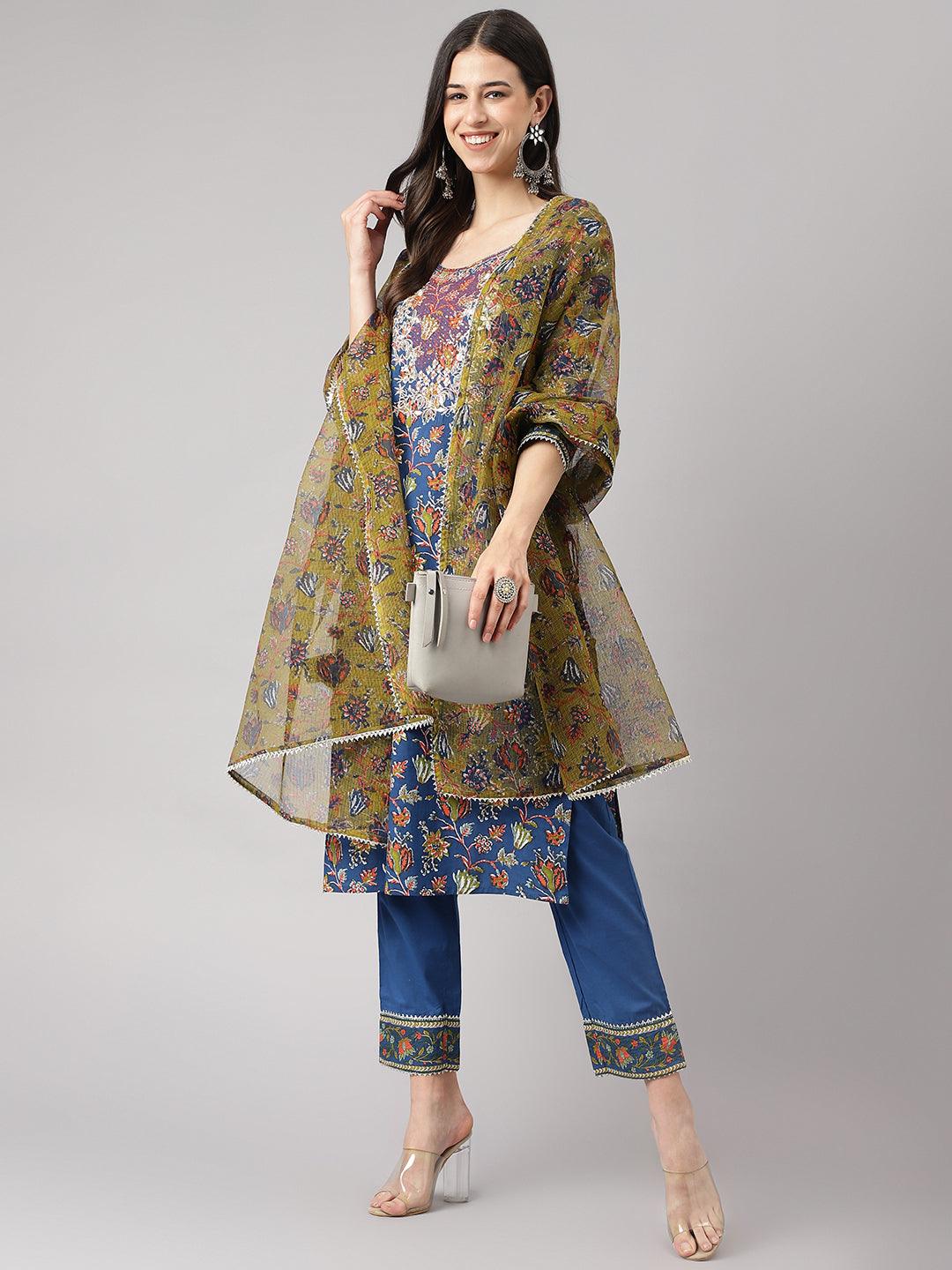 Jamal Jamaloo Blue Floral Printed Kurta Pant Set with dupatta - Jamal Jamaloo