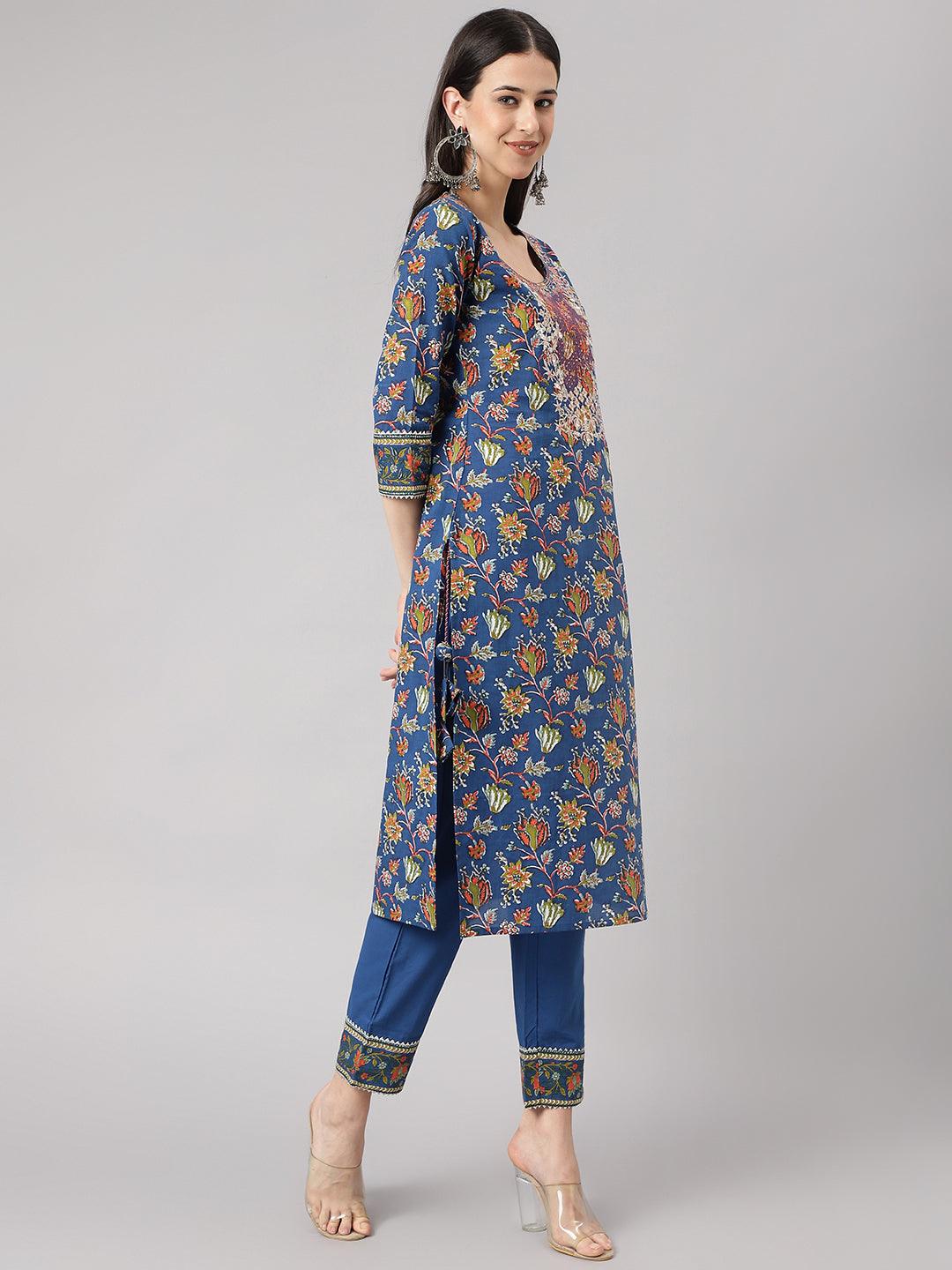 Jamal Jamaloo Blue Floral Printed Kurta Pant Set with dupatta - Jamal Jamaloo
