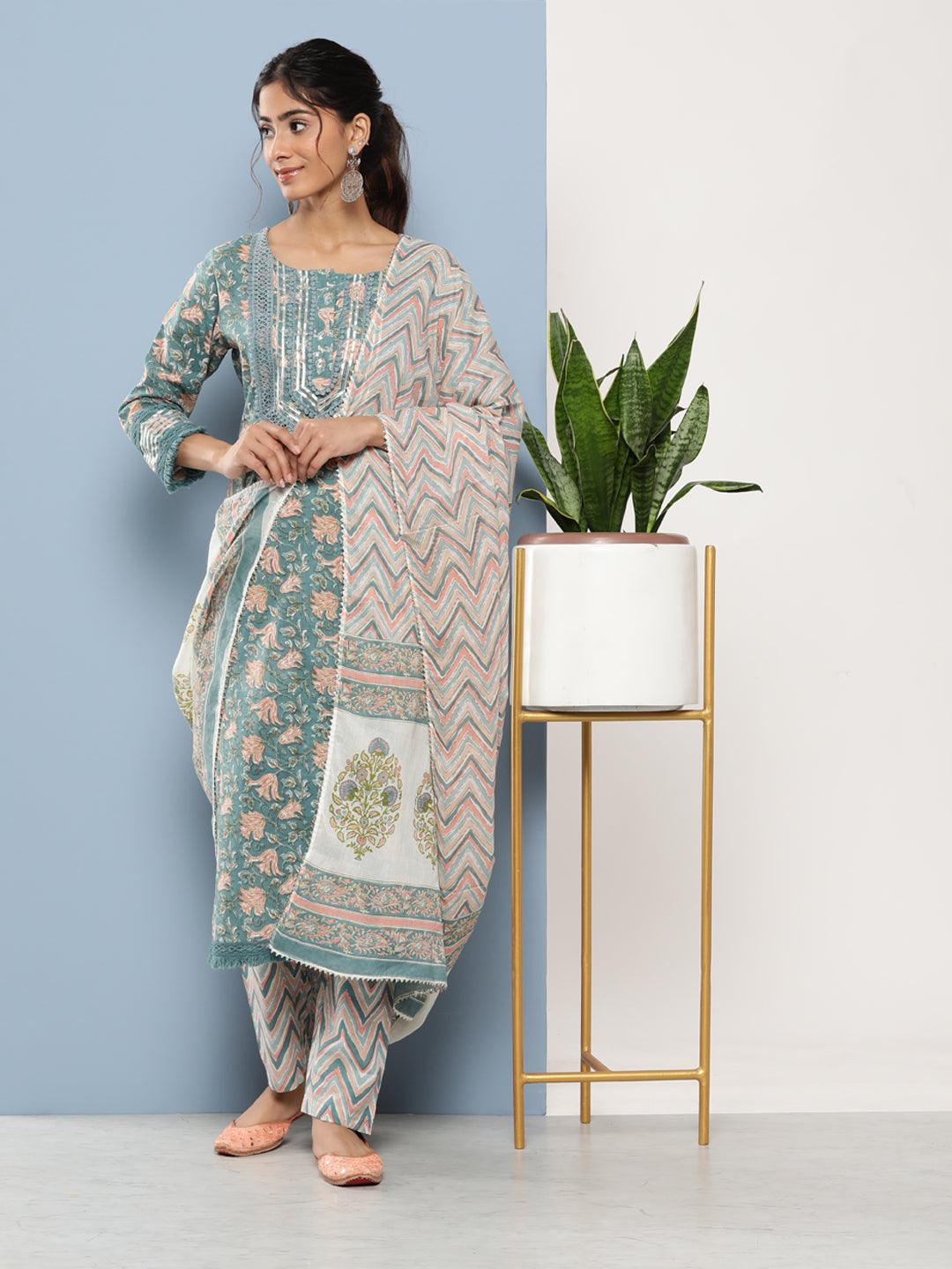 Jamal Jamaloo Teal Blue Cotton Straight pant set with Dupatta - Jamal Jamaloo