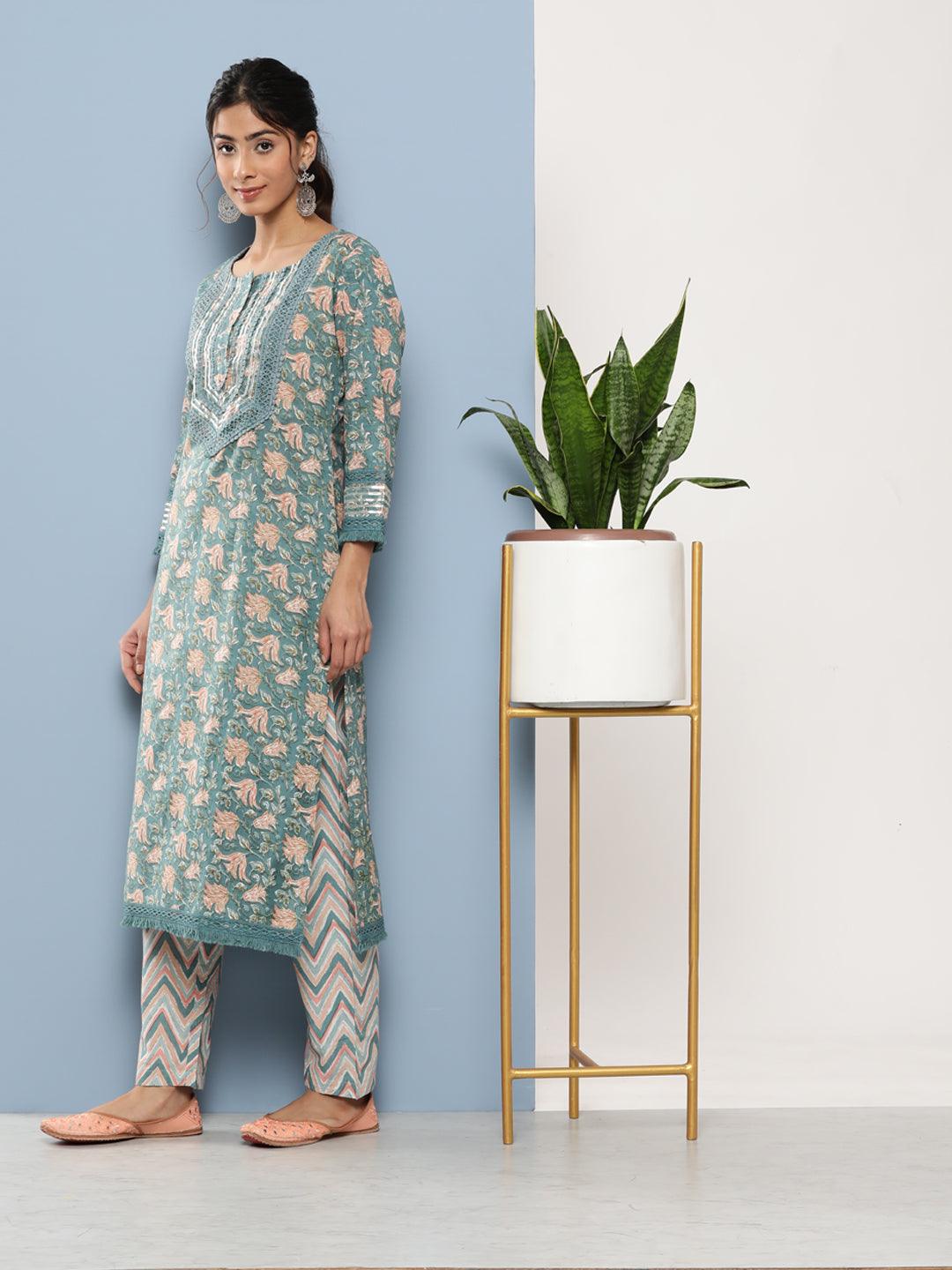 Jamal Jamaloo Teal Blue Cotton Straight pant set with Dupatta - Jamal Jamaloo