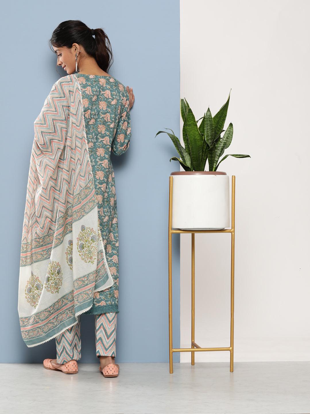 Jamal Jamaloo Teal Blue Cotton Straight pant set with Dupatta - Jamal Jamaloo
