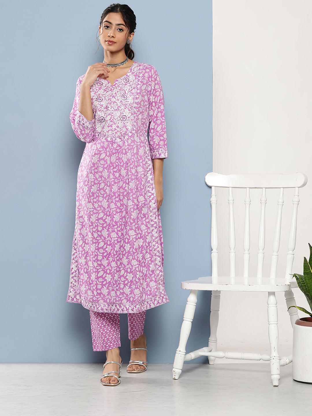 Jamal Jamaloo Purple Gethered Floral Printed Kurta Pant Sets - Jamal Jamaloo