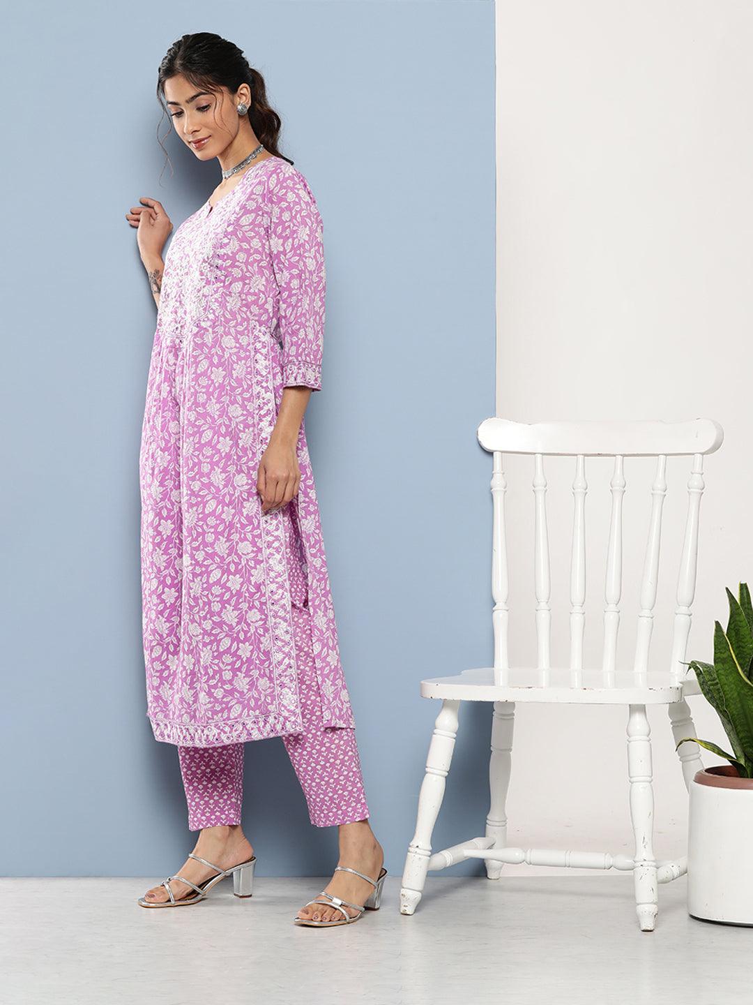 Jamal Jamaloo Purple Gethered Floral Printed Kurta Pant Sets - Jamal Jamaloo