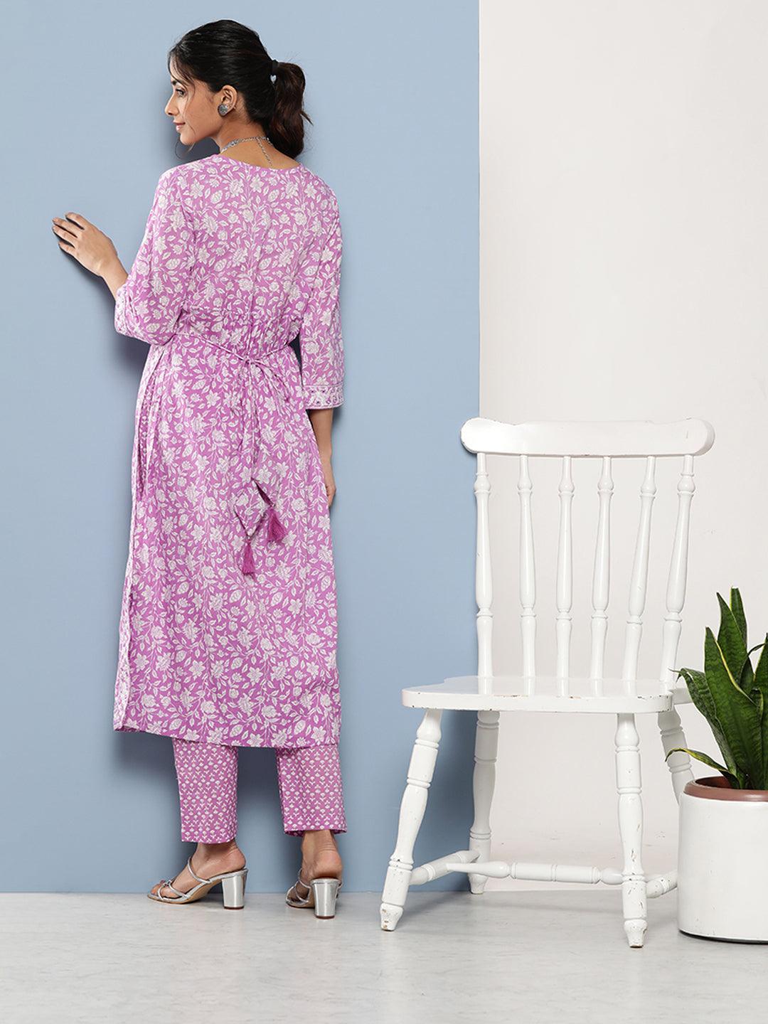 Jamal Jamaloo Purple Gethered Floral Printed Kurta Pant Sets - Jamal Jamaloo