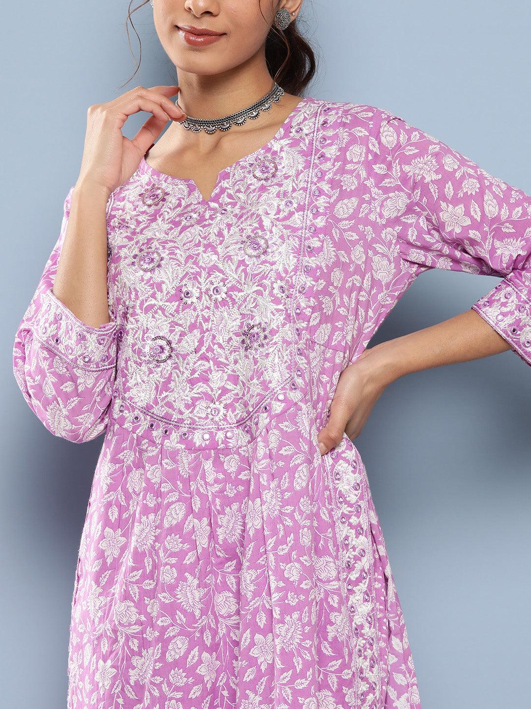 Jamal Jamaloo Purple Gethered Floral Printed Kurta Pant Sets - Jamal Jamaloo