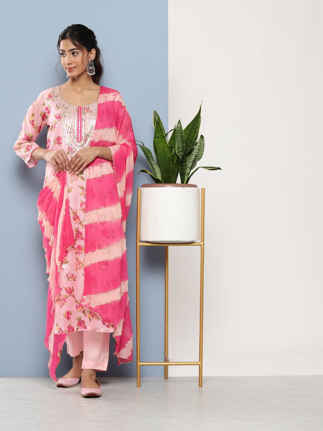 Jamal Jamaloo Pink Kota Doria Floral Printed Kurta Pant Dupatta Sets - Jamal Jamaloo