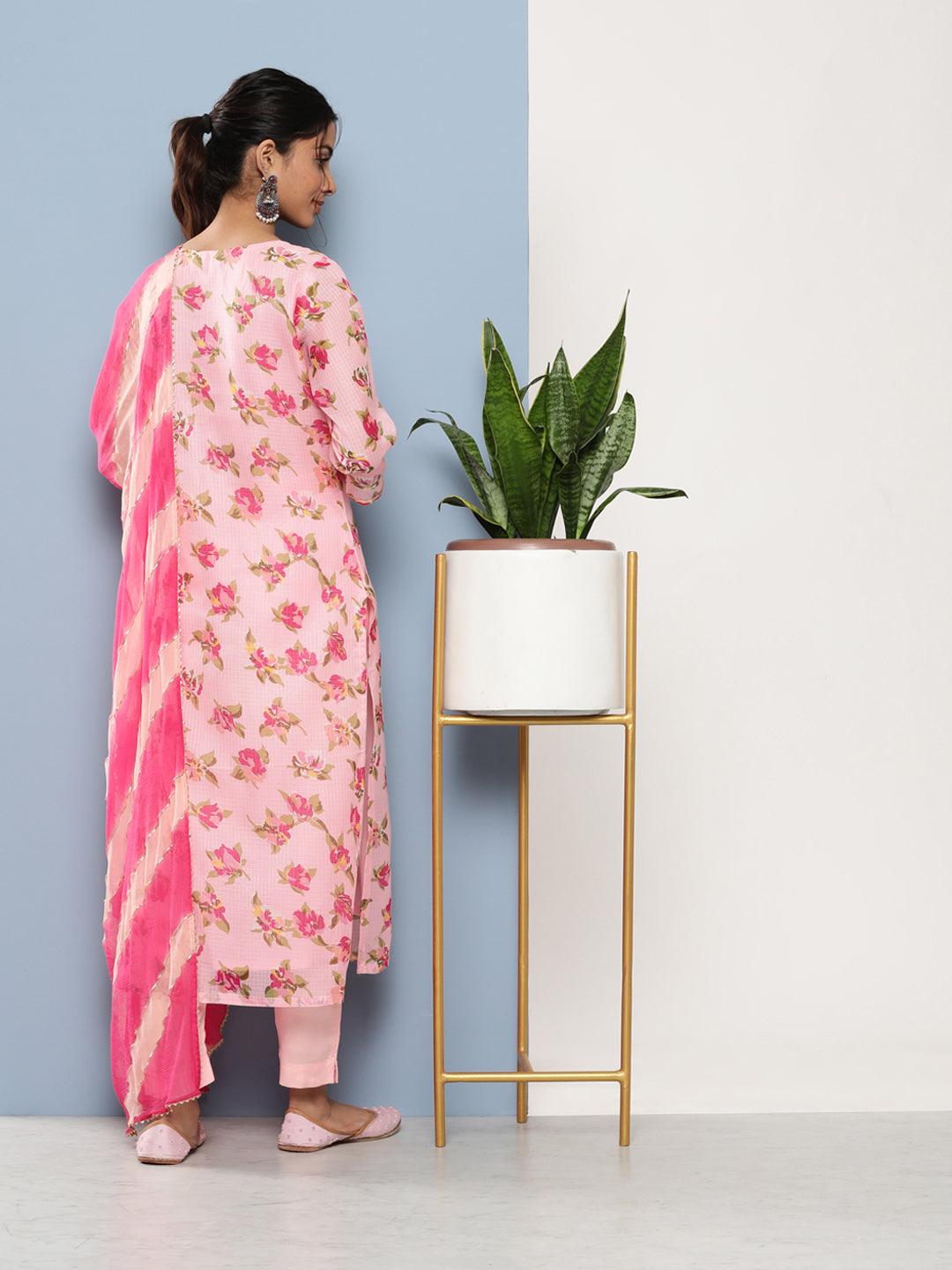 Jamal Jamaloo Pink Kota Doria Floral Printed Kurta Pant Dupatta Sets - Jamal Jamaloo