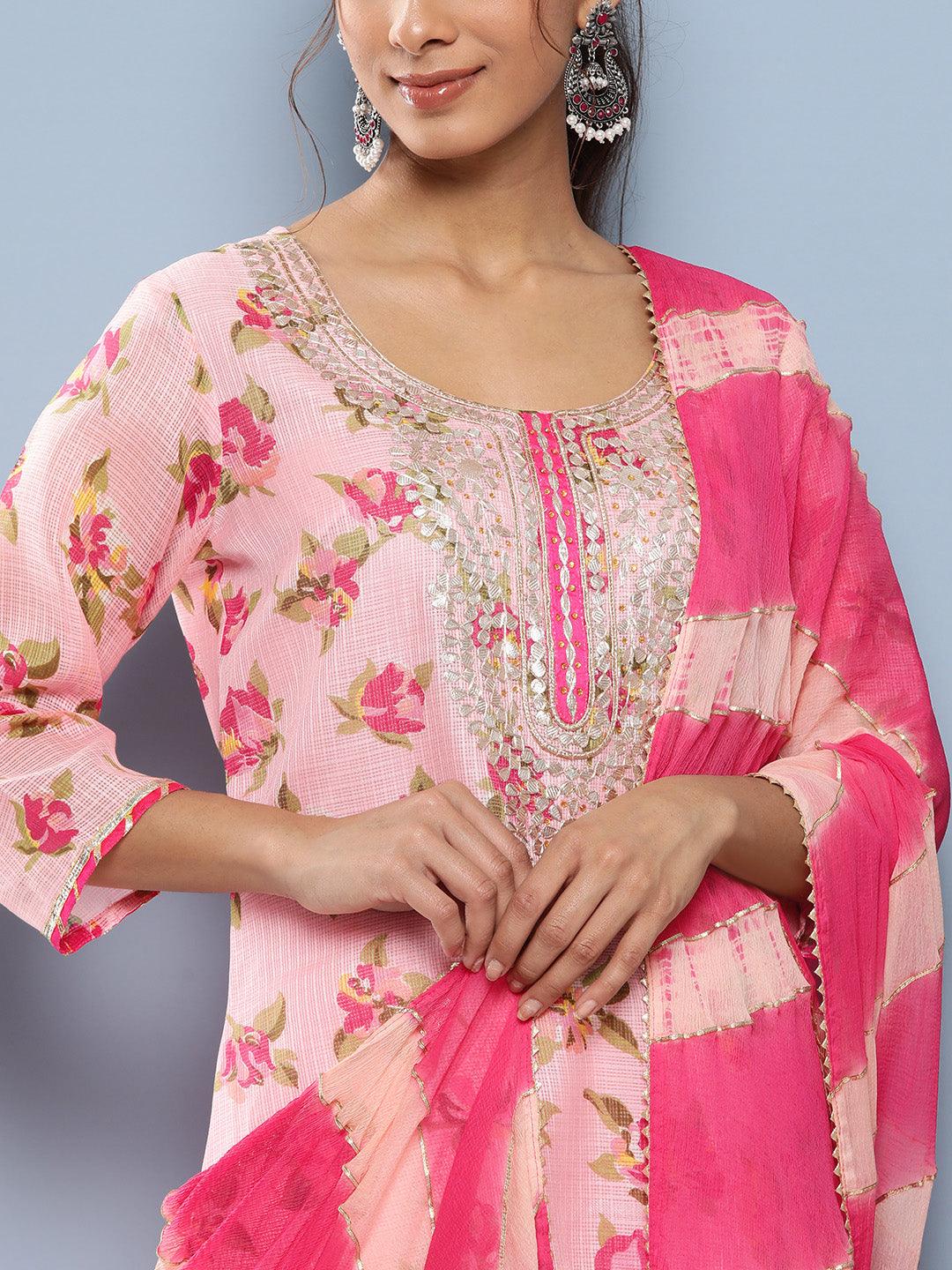 Jamal Jamaloo Pink Kota Doria Floral Printed Kurta Pant Dupatta Sets - Jamal Jamaloo