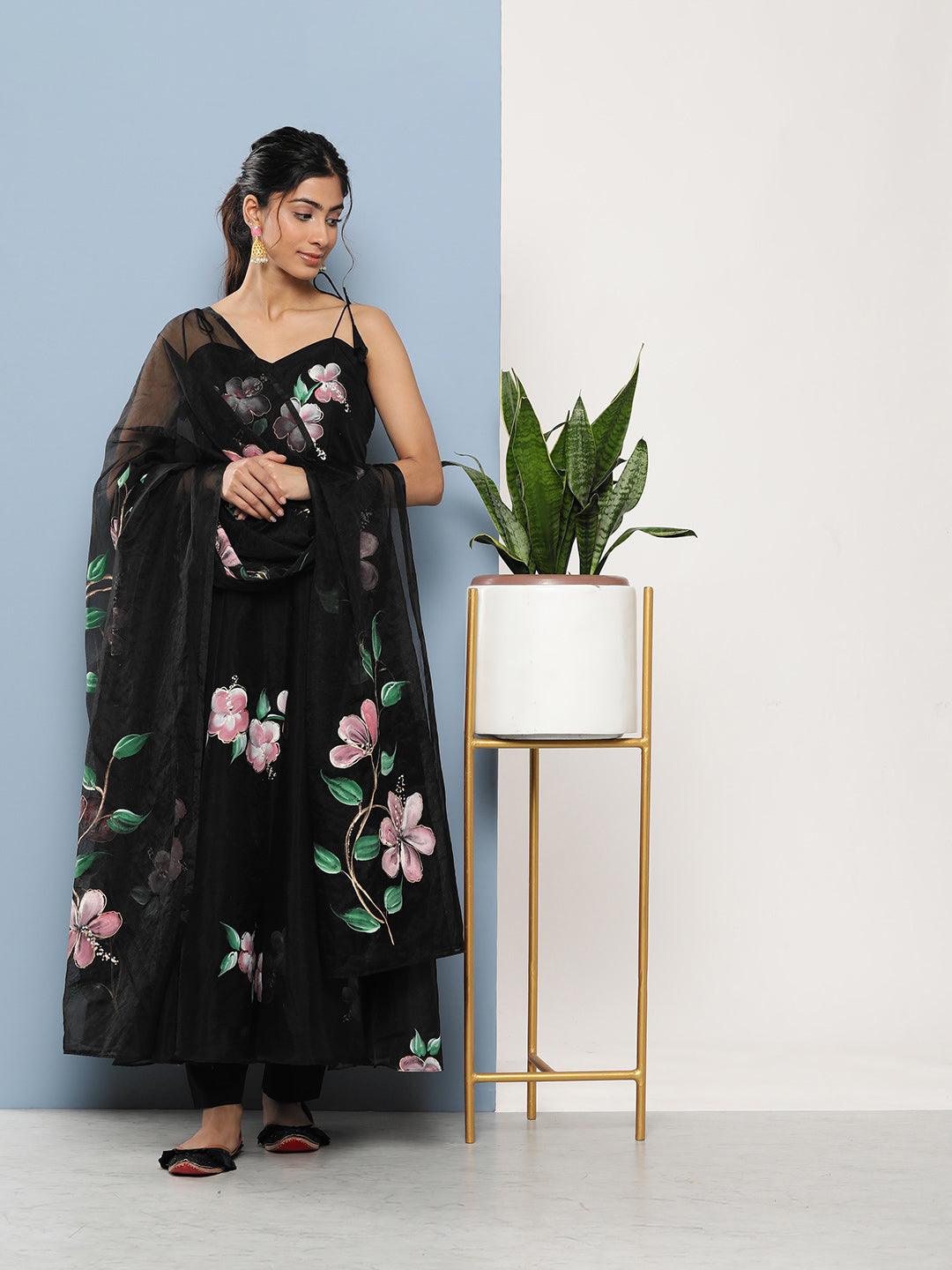 Jamal Jamaloo Black Hand Painted Floral Organza Anarkali Kurta Pant Set with Dupatta - Jamal Jamaloo
