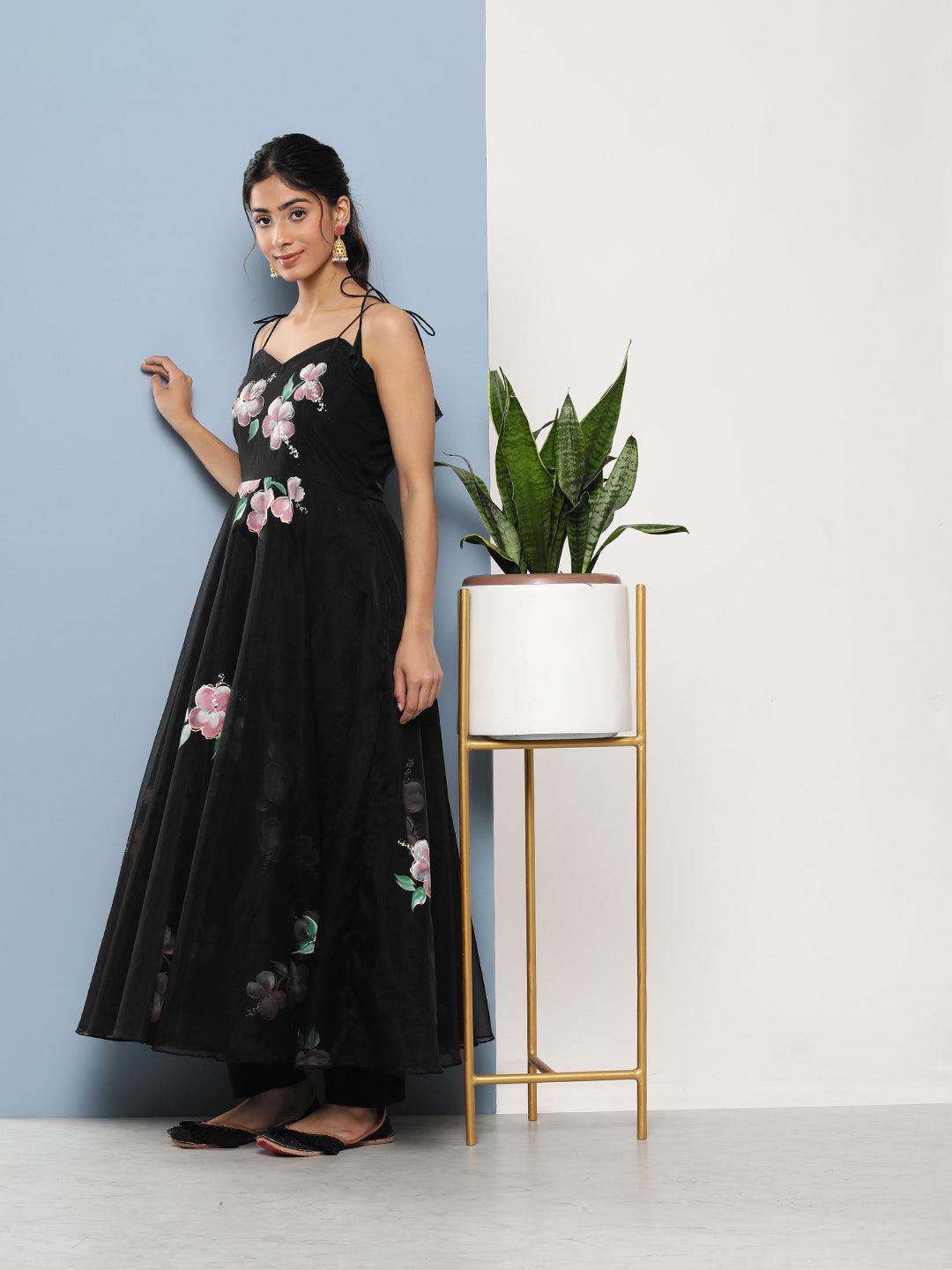Jamal Jamaloo Black Hand Painted Floral Organza Anarkali Kurta Pant Set with Dupatta - Jamal Jamaloo