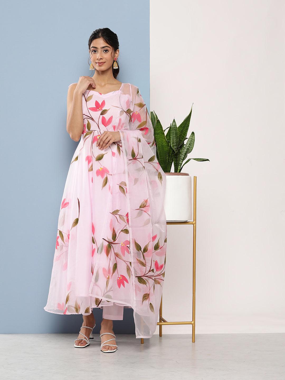Jamal Jamaloo Pink Hand Painted Floral Organza Anarkali Kurta Pant Set with Dupatta - Jamal Jamaloo