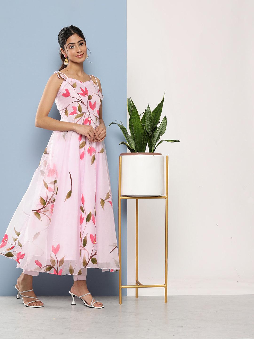 Jamal Jamaloo Pink Hand Painted Floral Organza Anarkali Kurta Pant Set with Dupatta - Jamal Jamaloo