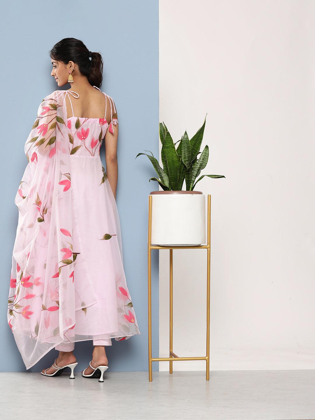 Jamal Jamaloo Pink Hand Painted Floral Organza Anarkali Kurta Pant Set with Dupatta - Jamal Jamaloo