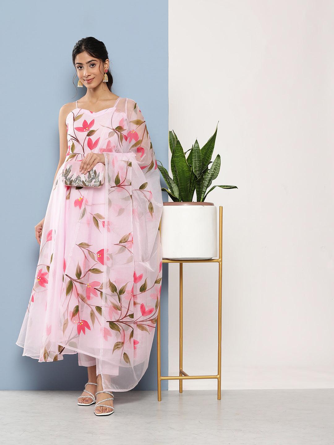 Jamal Jamaloo Pink Hand Painted Floral Organza Anarkali Kurta Pant Set with Dupatta - Jamal Jamaloo