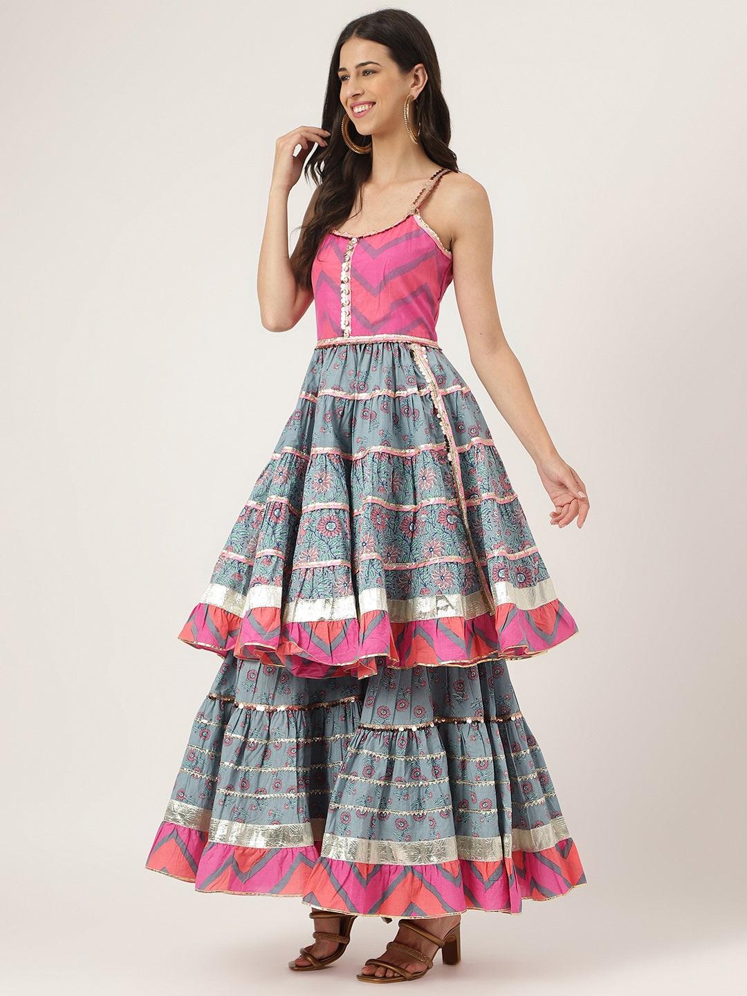 Jamal Jamaloo Turquoise Blue Cotton Sleeves less Anarkali Sharara set with Dupatta - Jamal Jamaloo