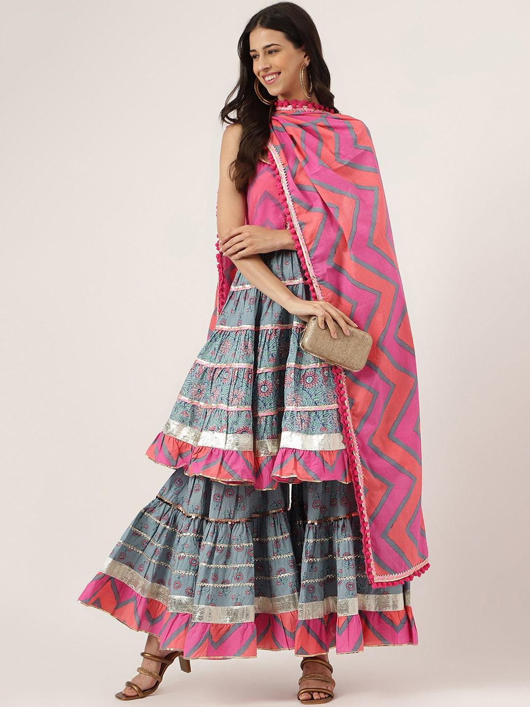 Jamal Jamaloo Turquoise Blue Cotton Sleeves less Anarkali Sharara set with Dupatta - Jamal Jamaloo