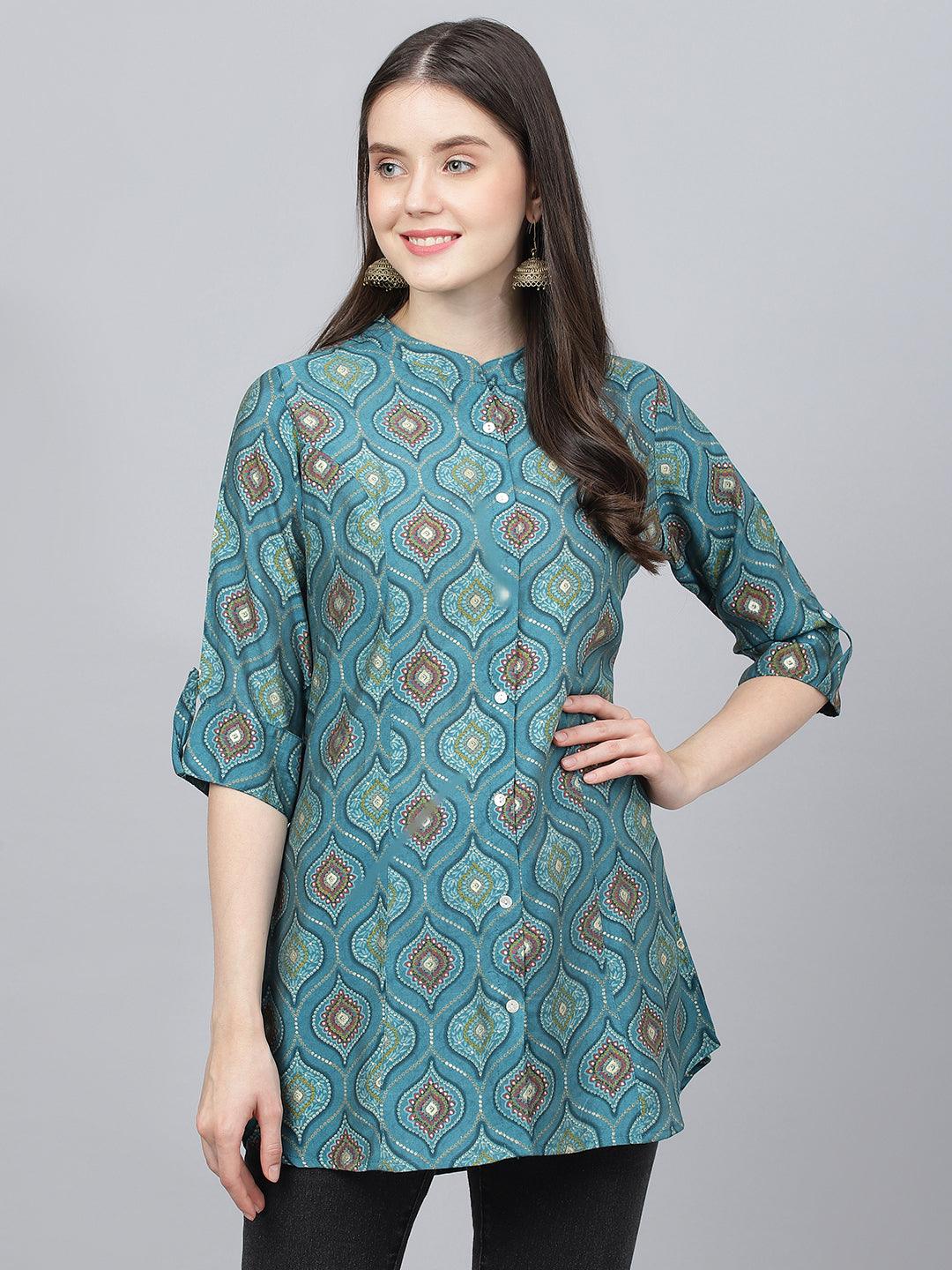 Jamal Jamaloo Teal Blue Motif Printed Modal A-Line Shirts Style Top - Jamal Jamaloo
